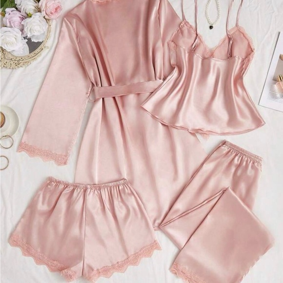 Womens Pink Satin Sleepwear 3piece Set - Picture 2 of 2